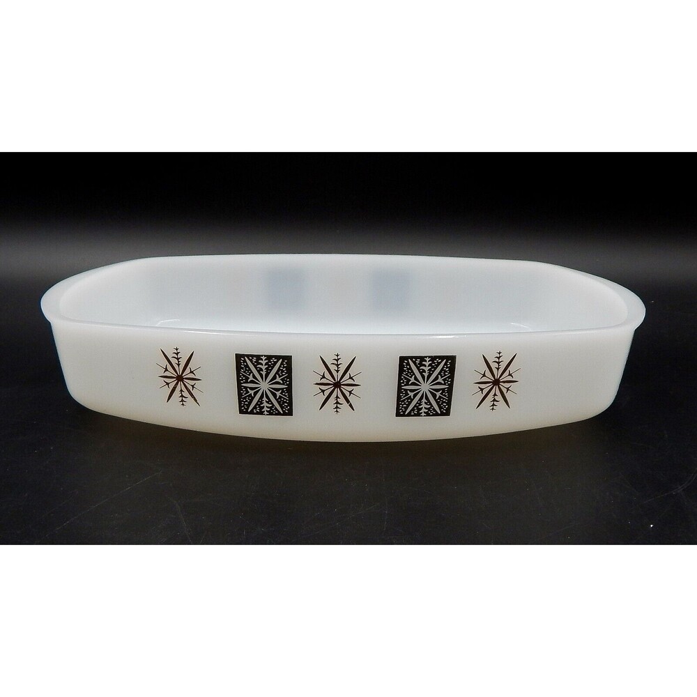 Federal Glass Baking Dish 11 Inch Atomic Starburst Milk Glass Gold Black